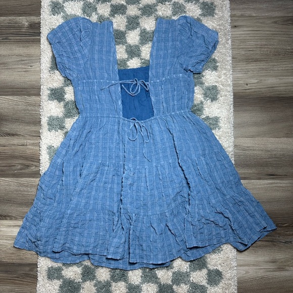 Day + Moon Puff Sleeve Backless Mini Dress Blue Size L - Picture 3 of 9